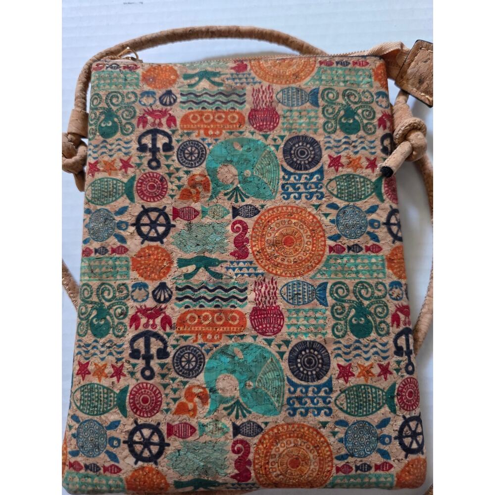 Vegan Cork Shoulder Crossbody Bag Purse Phone Nautical Ocean Print - Picture 2 of 6